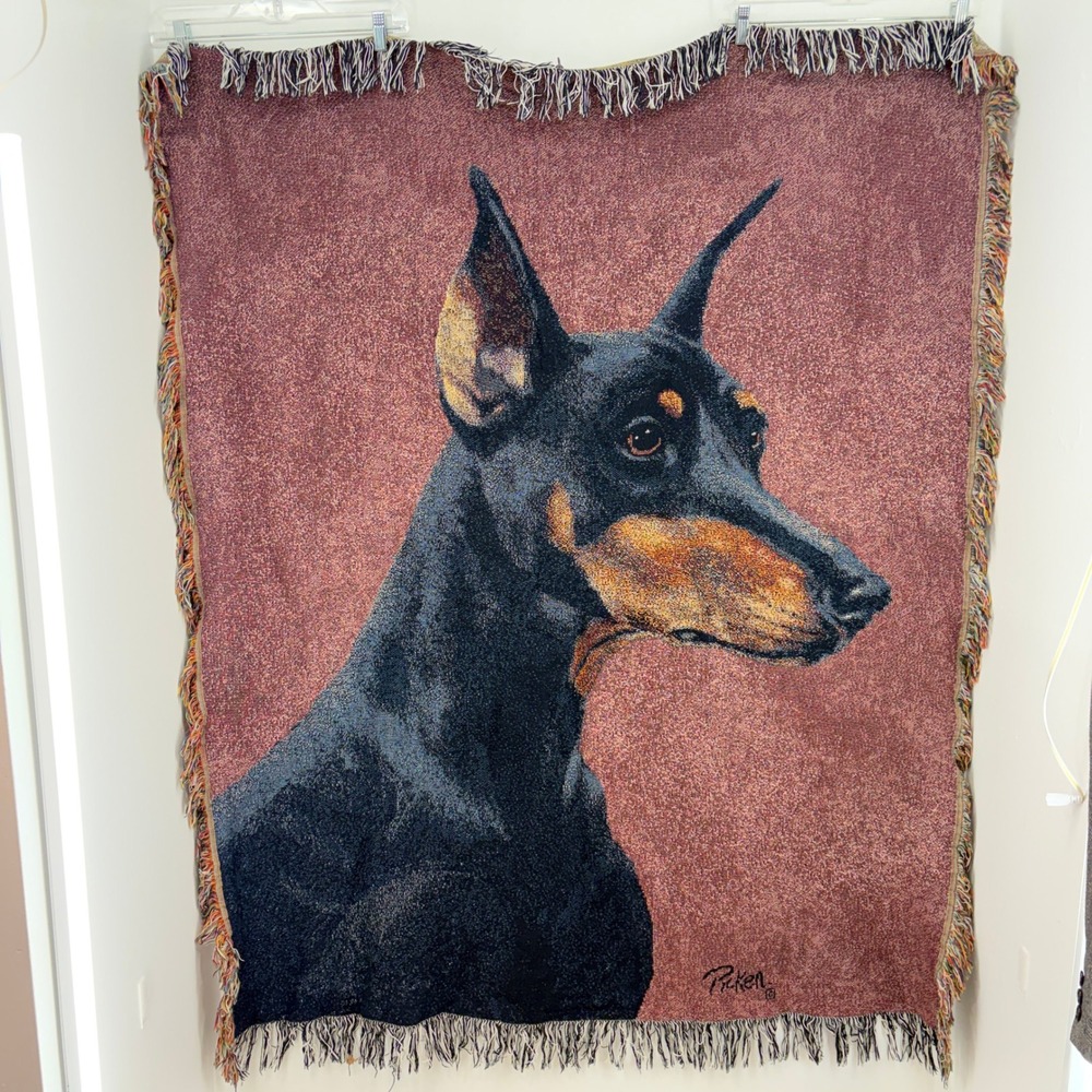 Picken Doberman Pinscher Woven Tapestry Throw Blanket Fringed Dog Art Cotton VTG
